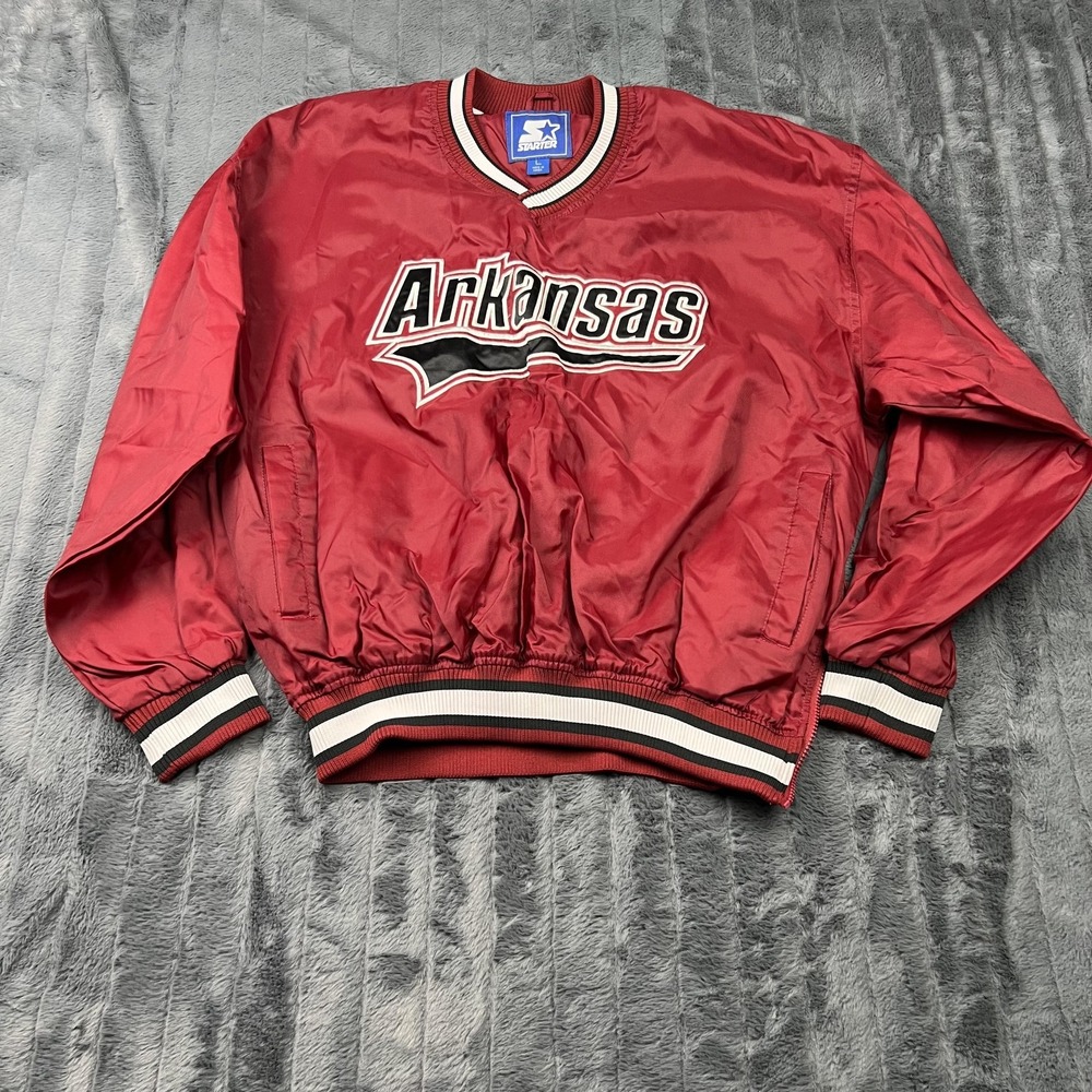 Arkansas Razorbacks Jacket Mens Large Red NCAA Football Pullover Starter Nylon